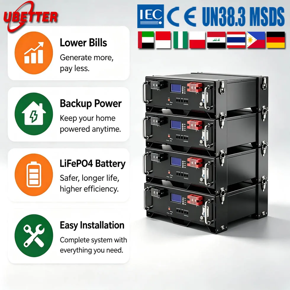 بطارية شمسية LiFePO4 مثبتة على حامل 100Ah-600Ah 6000-8000 دورة للاستخدام المنزلي خارج الشبكة والطاقة الهجينة