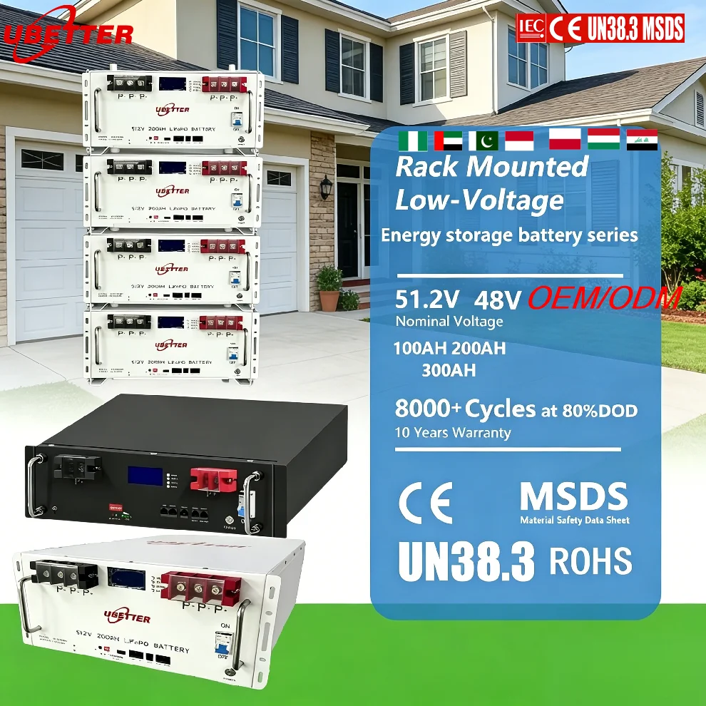51.2V LiFePO4 Battery Pack with CAN RS485 Bluetooth WiFi for Home UPS Base Station and Farm Storage