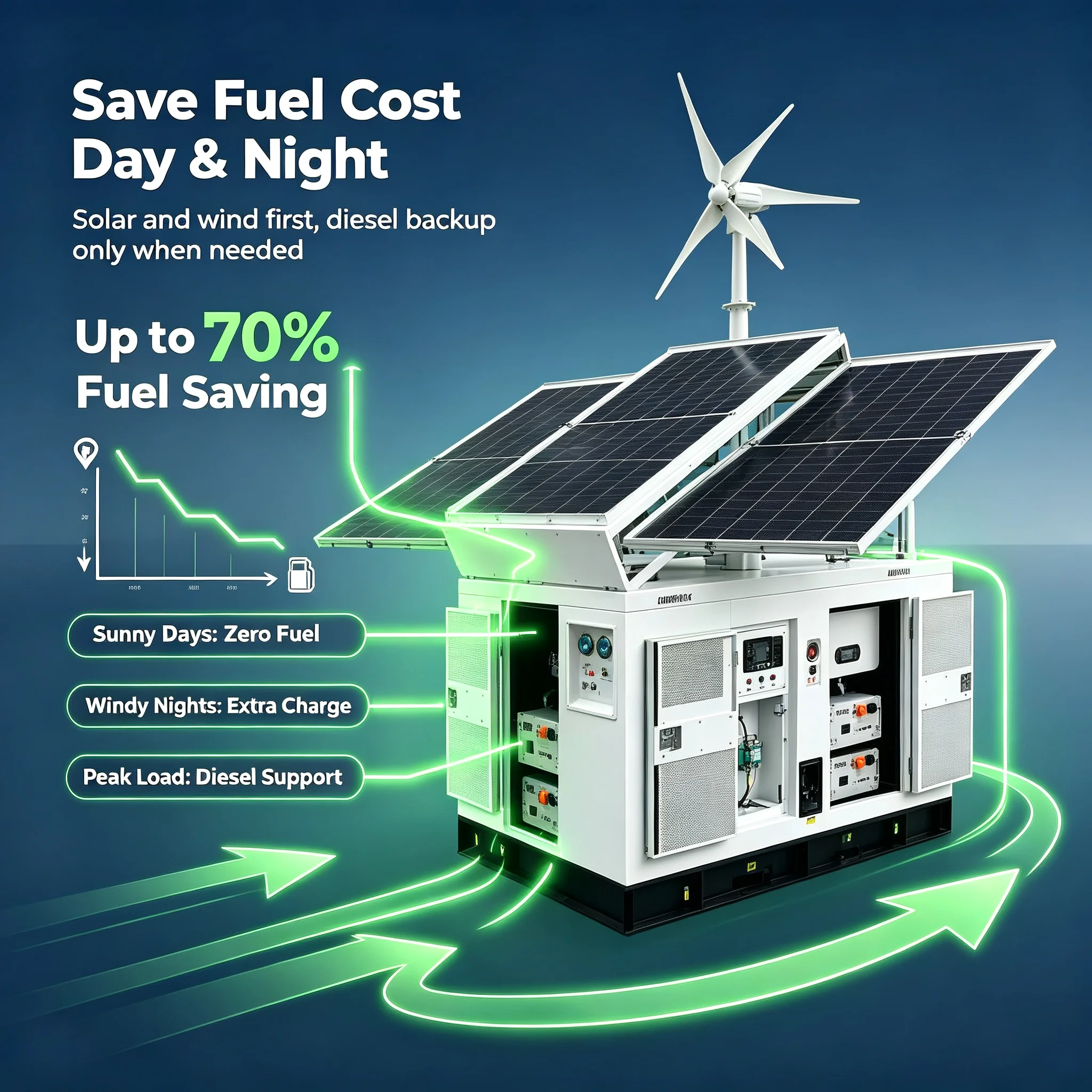 Générateur hybride solaire-éolien-diesel tout-en-un | Station d'alimentation portable hors réseau | Système de stockage éolien-solaire