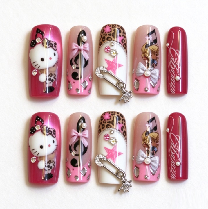 Handmade Press on Nails, Y2K Pink Kawaii Long Square Fake Nails, Hello KT Cartoon Leopard Print Star Safety Pin Rhine