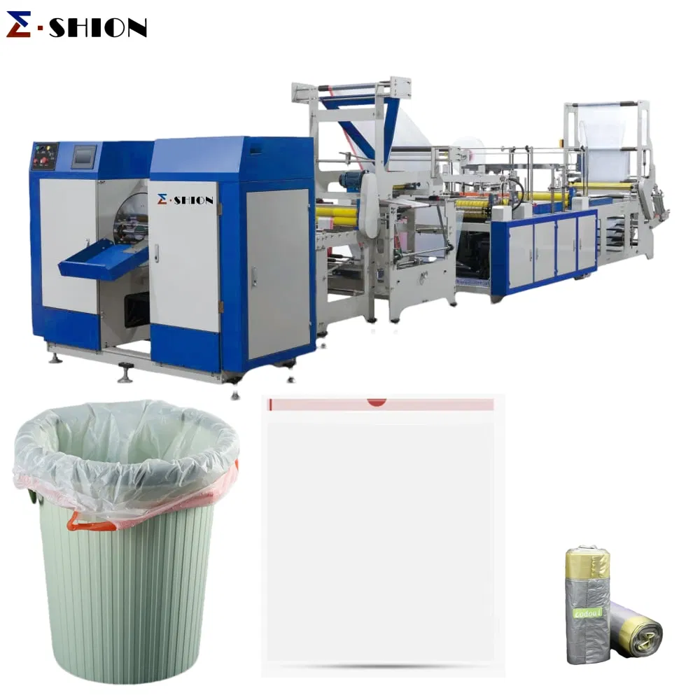Máquina para fabricar bolsas de basura con cordón capaz de producir diferentes tamaños