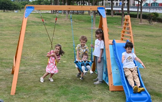 Certified Outdoor Wooden Playhouse Playground Equipment Garden Swing Set for Kids