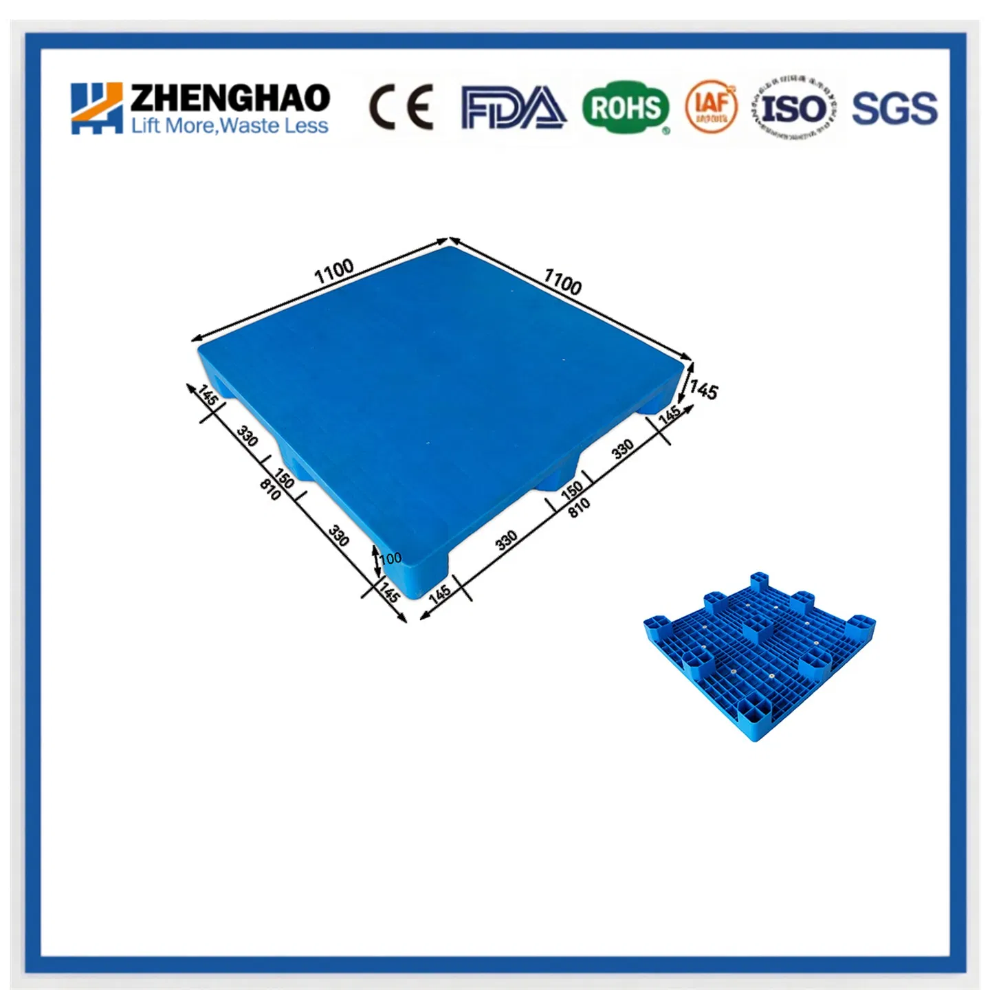 Recyclable Nine Feet Plastic Pallet for Storage and Shipping 1100X1100X145mm