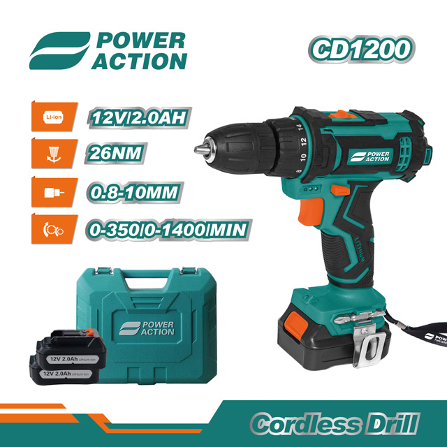 Power Action 12V Cordless Drill with Two Speed Adjustable Settings