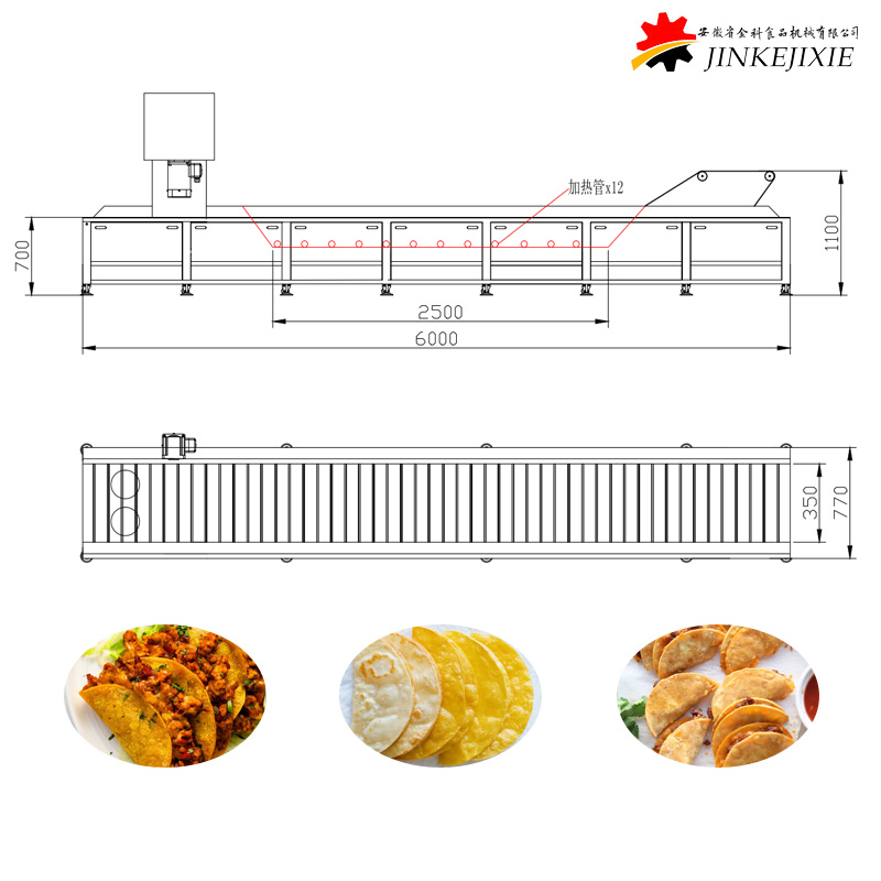 Customizable Taco Shell Production Line with Fryer, Divider, Elevator, Rounder, Laminator, Pressing, Filming, Oven, Cooling, Stacking Machines