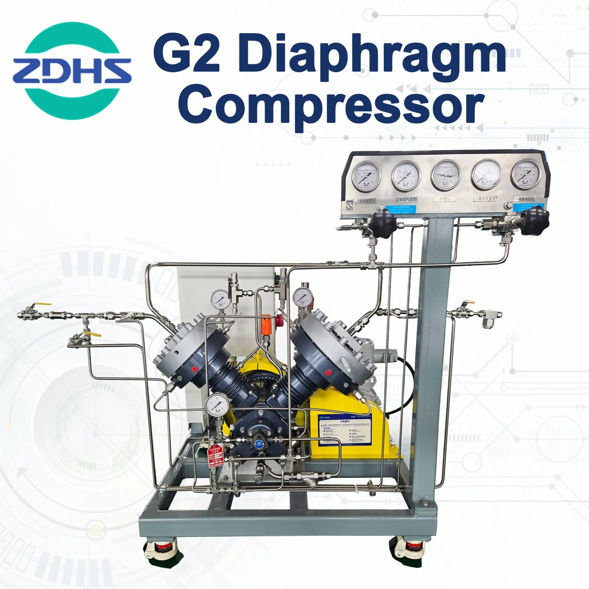 Hydrogen Gas Diaphragm Compressor for Laboratory Use and Cylinder Filling