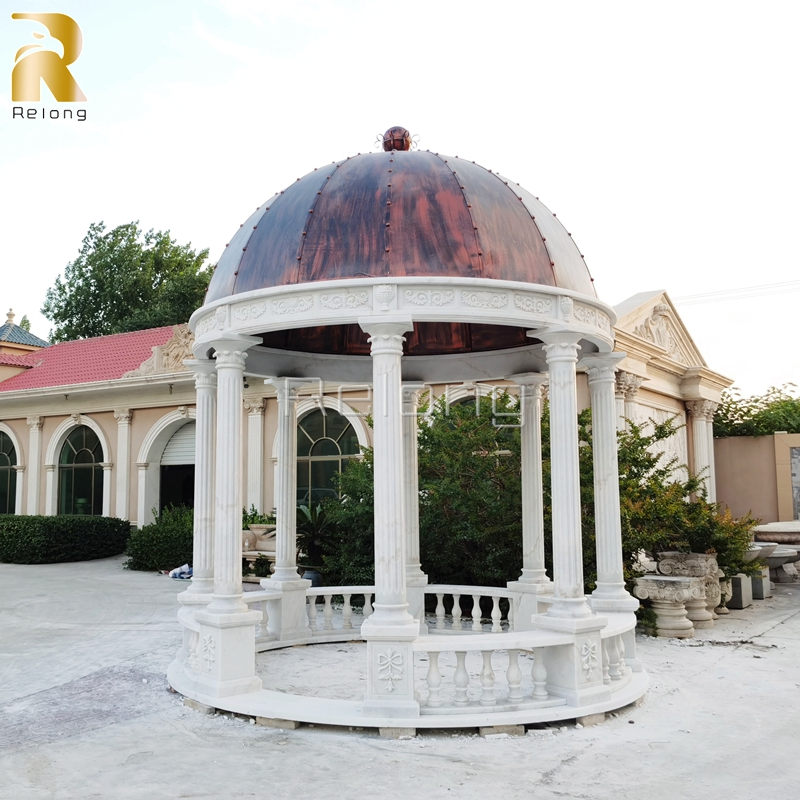 Gazebo de jardin en marbre sculpté à la main avec dôme en fer