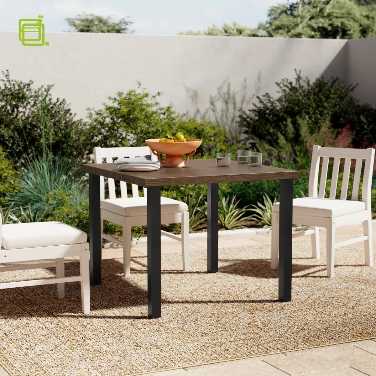 Contemporary Textured Aluminum Frame Wood Grain Powder Coat Table Top Outdoor Dining Table