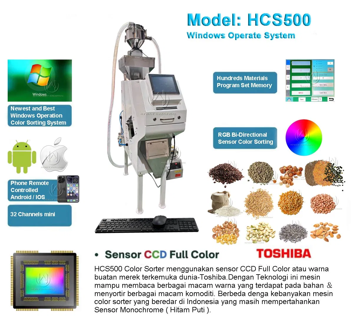 Selezionatrice ottica a colori HCS-500 per Windows per cereali, riso, chicchi di caffè, frutta secca, plastica