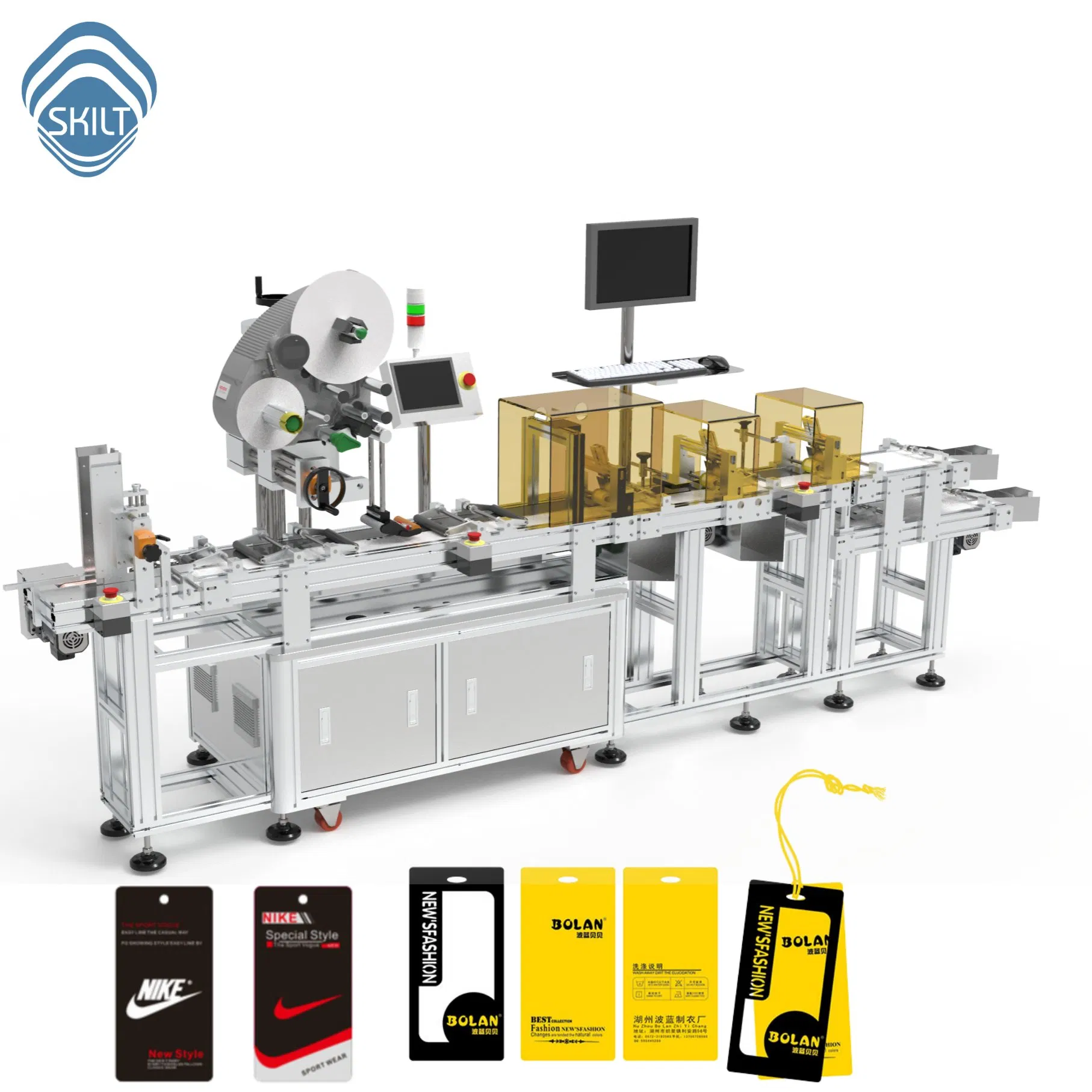 Skilt Automatic High Speed Apparel Garment Cloth RFID Hang Tag Card Label Applicator Labeling Machine Labeller with Feeding Paging Machine