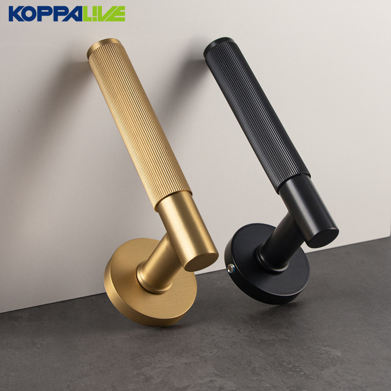 Koppalive Italian OEM Brushed Brass Stripe Luxury Door Handle Lock Set Satin Copper Round Privacy Passage Dummy Door Lever Handle for Interior Door
