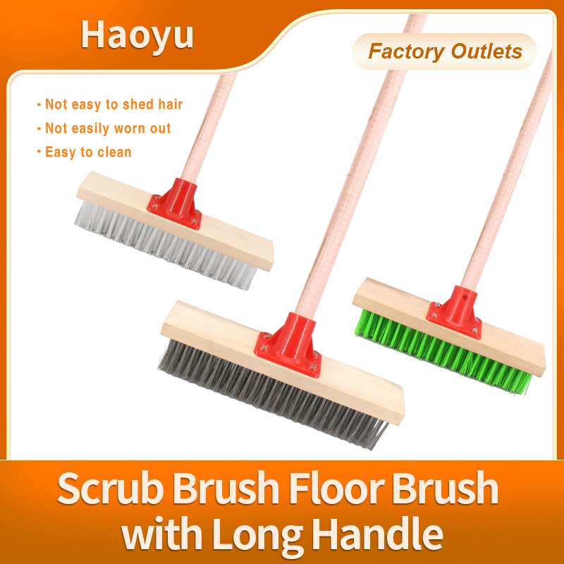 Multifunctional Outdoor Broom Plastic Stainless Steel Wire Durable Long-Handled Solid Wood Floor Cleaning Brush