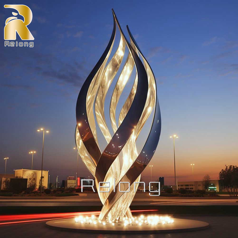 Abstract Large Metal Sculpture Stainless Steel Statue with Light for Hotels and Resorts Decor