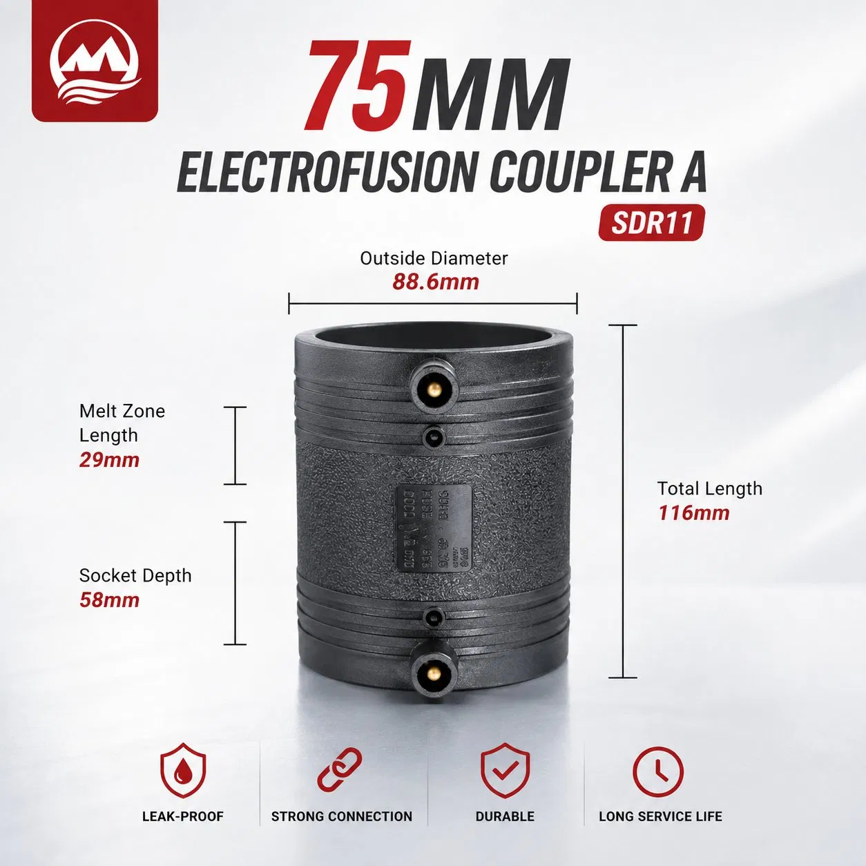 75mm PE100 SDR11 HDPE Electrofusion Coupler Pipe Fitting