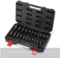 Juego de 25 piezas de dados de impacto profundos de 1/2 pulgada, Cr-V, métrico/SAE, incluye de 12 mm a 24 mm, de 3/8 de pulgada a 1 pulgada, barras de extensión de 3" y 5", adaptador de 1/2" a 1/4"