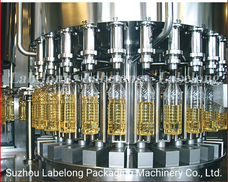 Máquina de llenado, tapado, etiquetado y empaque de botellas de plástico y vidrio para aceite de girasol y aceite de sésamo