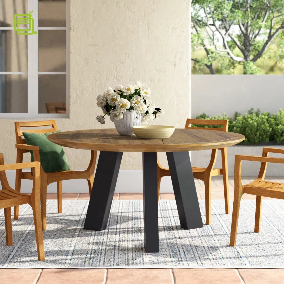 Industrial Style Black Aluminum Teak Wood Round Garden Dining Table