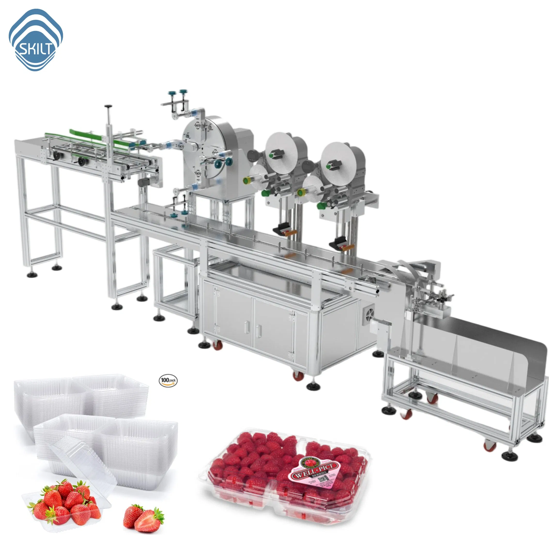 Skilt Automatic High Speed Sticker Clamshell Labelling Pleastic Box Egg Box Top Surface Labeling Machine with One Two Stickers Labeller Label Applicator