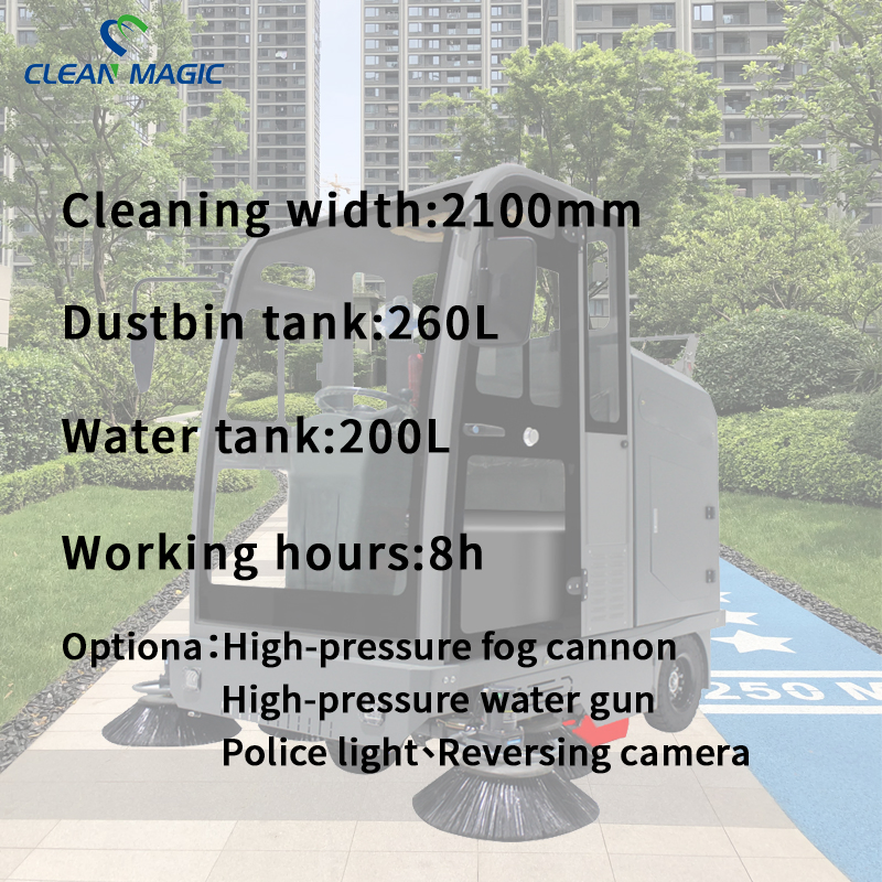 2210mm Cleaning Width Fully Enclosed Cab Electric Ride-On Sweeper Truck, Integrated Sweeping and Vacuuming Machine for Industrial Plant, Property Road and Cement Floor Cleaning