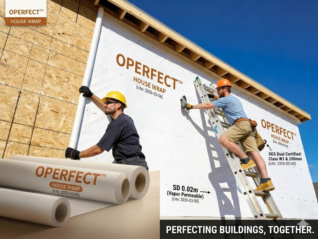 Operfect™ Pvek-B1060 Flash-Spun HDPE Housewrap: Fire-Retardant, Waterproof (SGS W1) & Breathable Membrane with SD 0.02m Technology