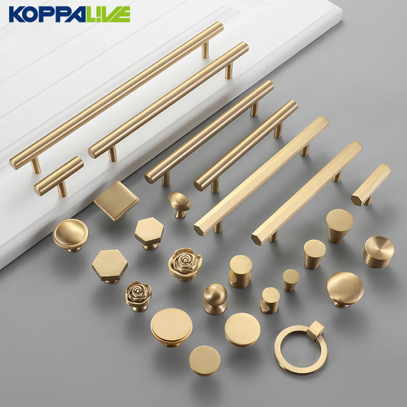 Modern Luxury Solid Brass Cabinet Drawer Pull Knob Brushed Gold Kitchen Door Handle