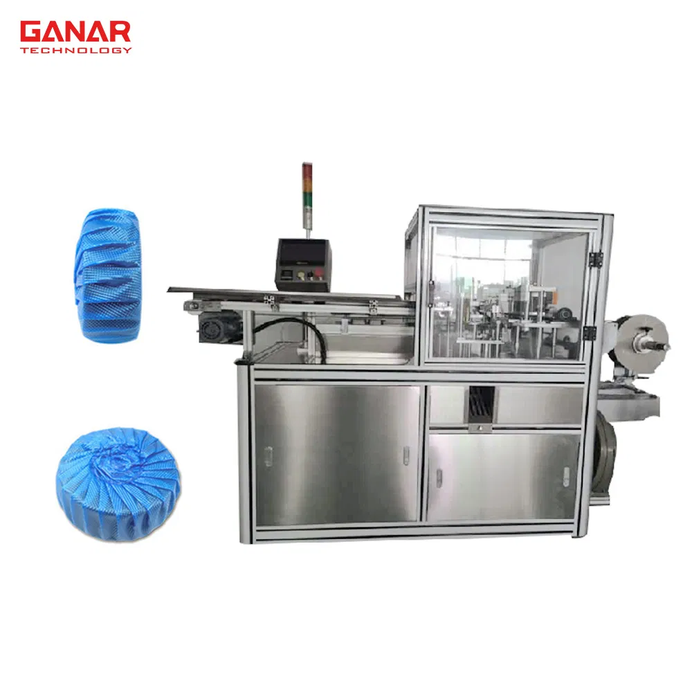 Macchina confezionatrice automatica per blocchi WC con incarto plissettato a bolle blu