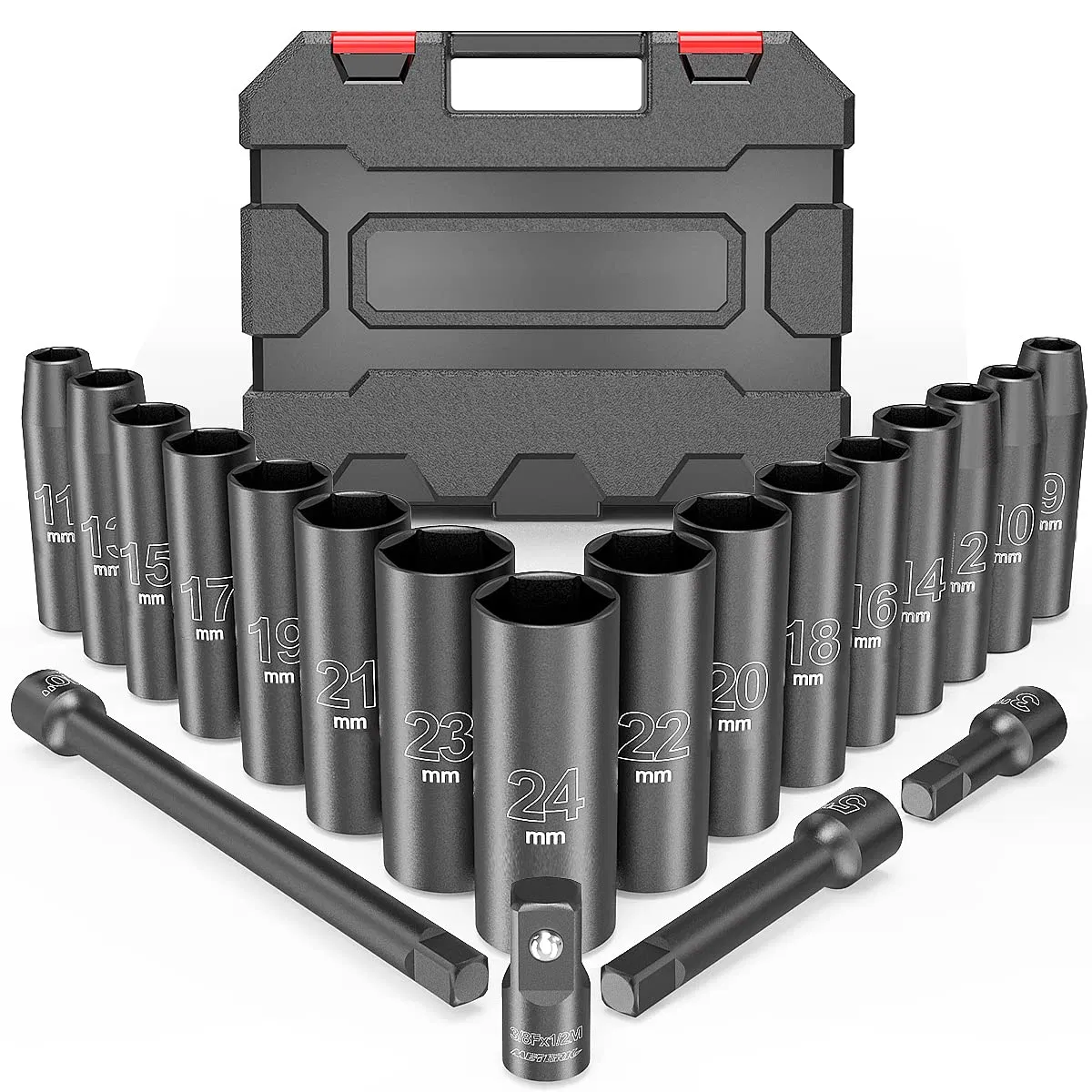 20 Piece 6 Point Metric Impact Socket Set (9-24mm) with 3" 5" 10" Impact Extension Bars