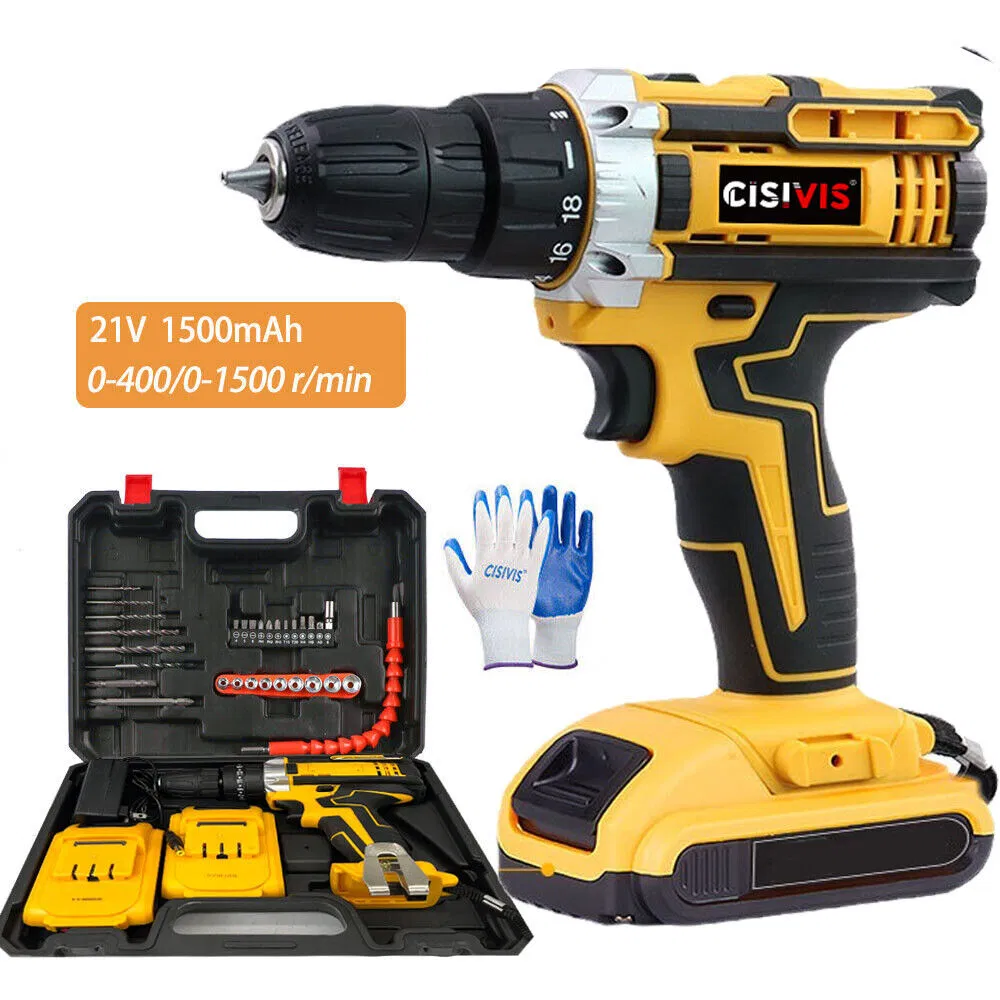 Cisivis 21V Brushed Cordless Impact Drill Portable Electric Drill with 2 Lithium Batteries Fast Charger and 30 Accessories
