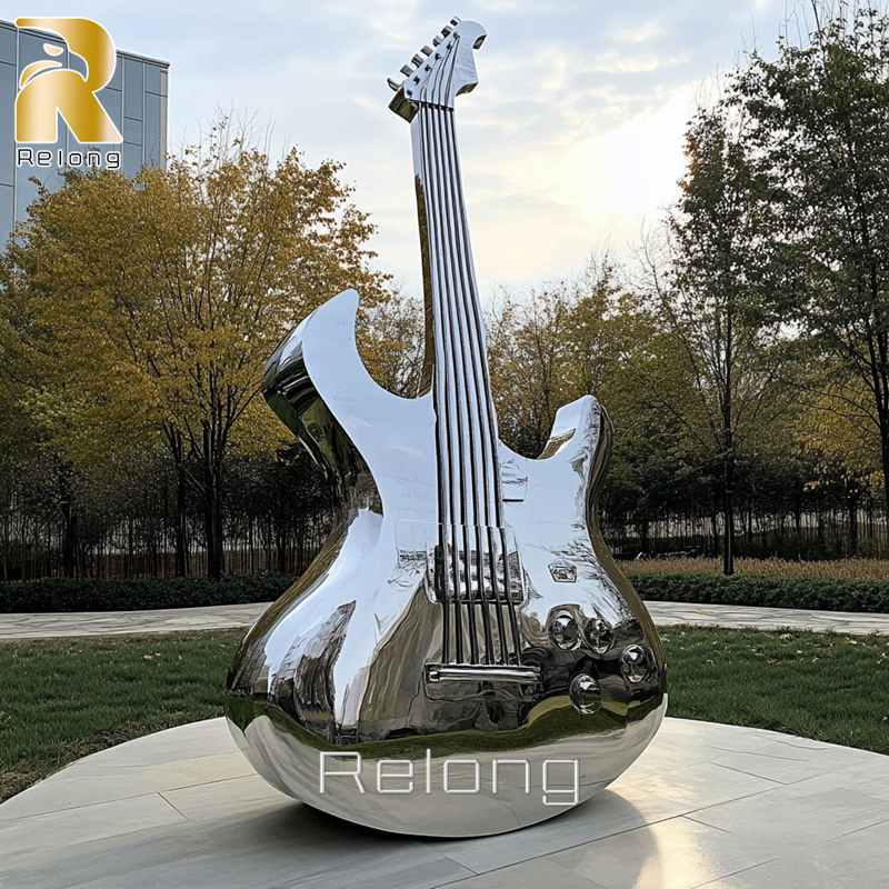Large Outdoor Modern Mirror Metal Guitar Art Sculpture