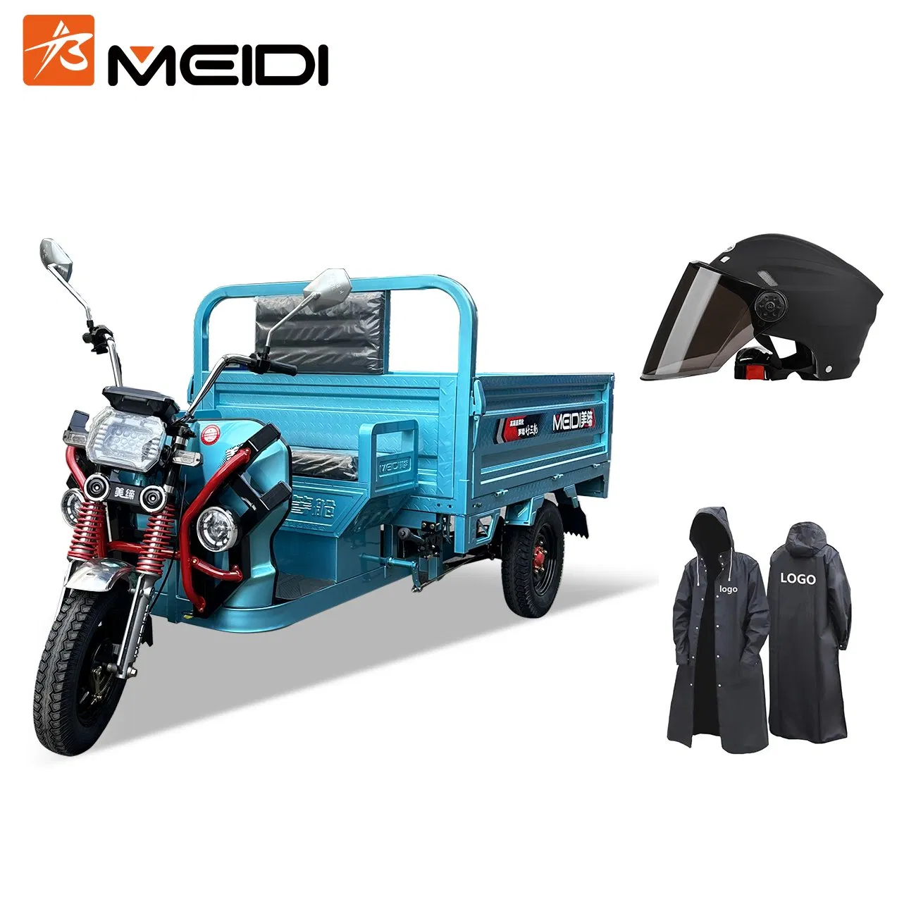 Triciclo eléctrico de carga con motor Meidi de 1000W 1200W 1500W 1800W con casco y impermeable