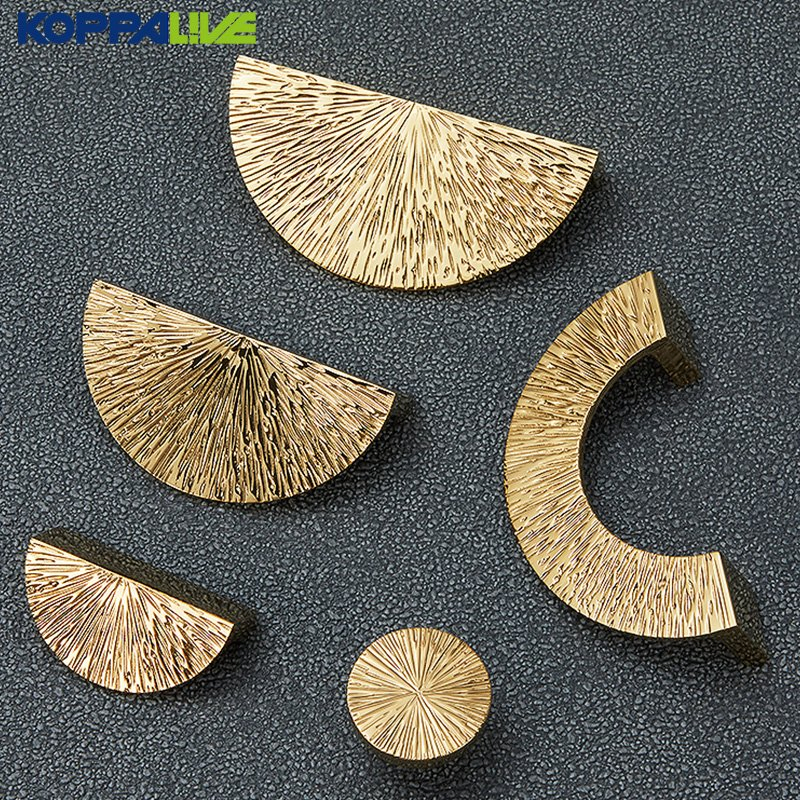 Solid Brass Linear Hammer Pattern Cabinet Knobs Luxury Wardrobe Half Moon Handles Gold Furniture Pull Handle