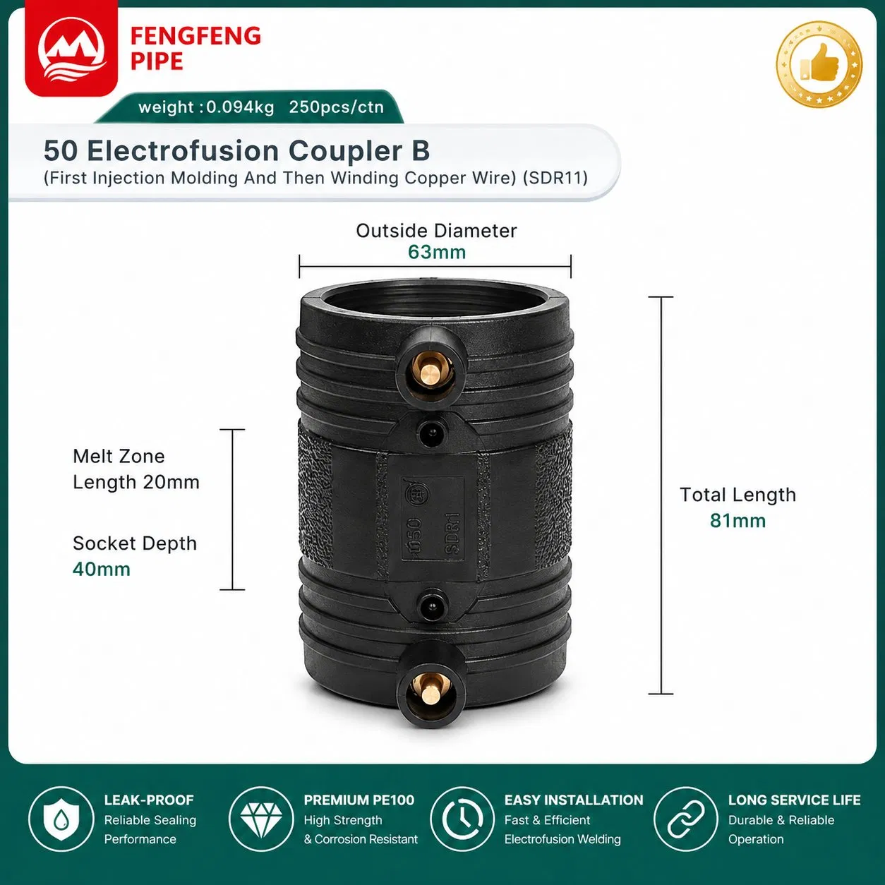 50mm PE100 Electrofusion Coupler SDR11 HDPE Pipe Connector for Water Systems