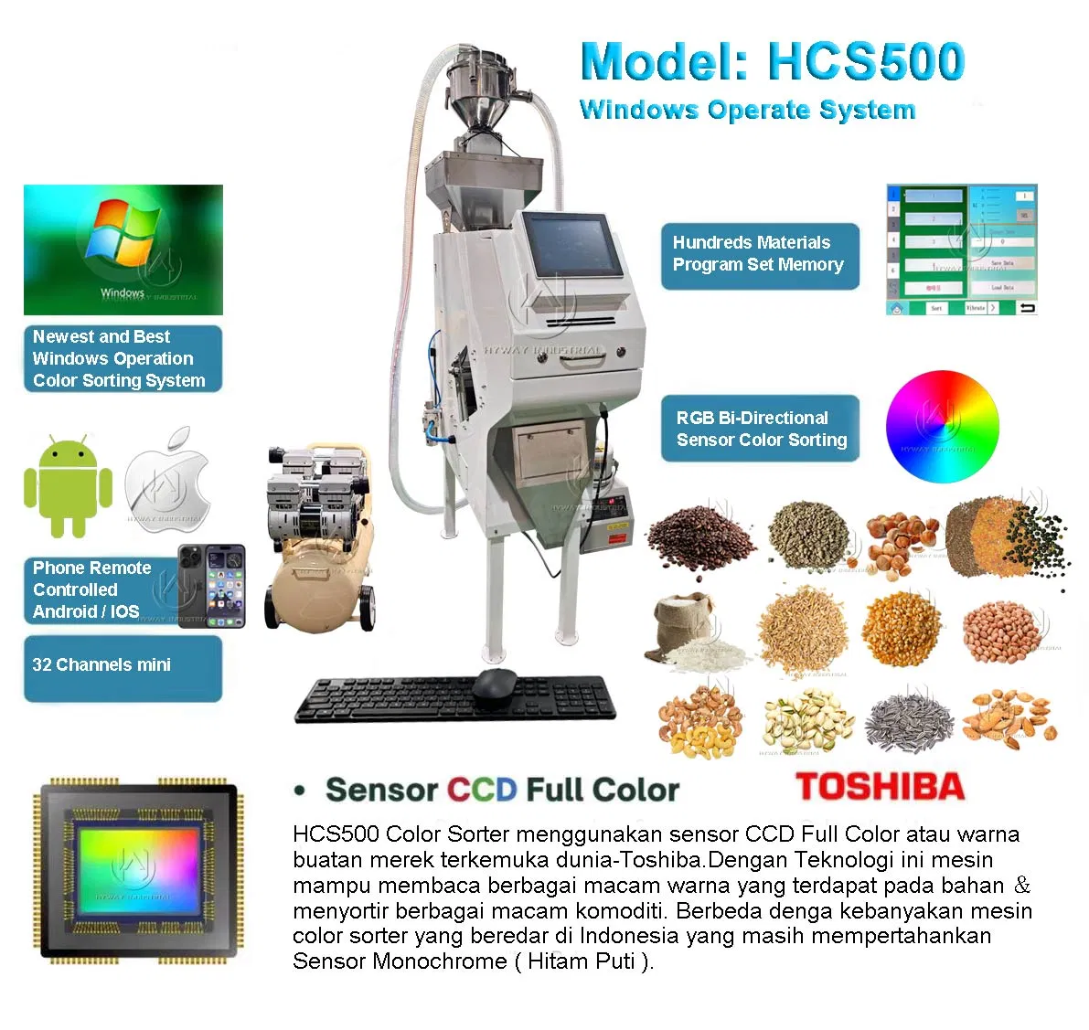 HCS-500 Macchina Selezionatrice Ottica Intelligente a Colori per Grano, Riso, Chicchi di Caffè, Frutta Secca, Plastica