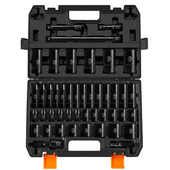 Juego de dados de impacto profundos con accionamiento de 1/2", juego de 35 dados SAE de 3/8" a 1-1/4" y métricos de 8 a 24 mm, incluye barras de extensión, junta universal y adaptador
