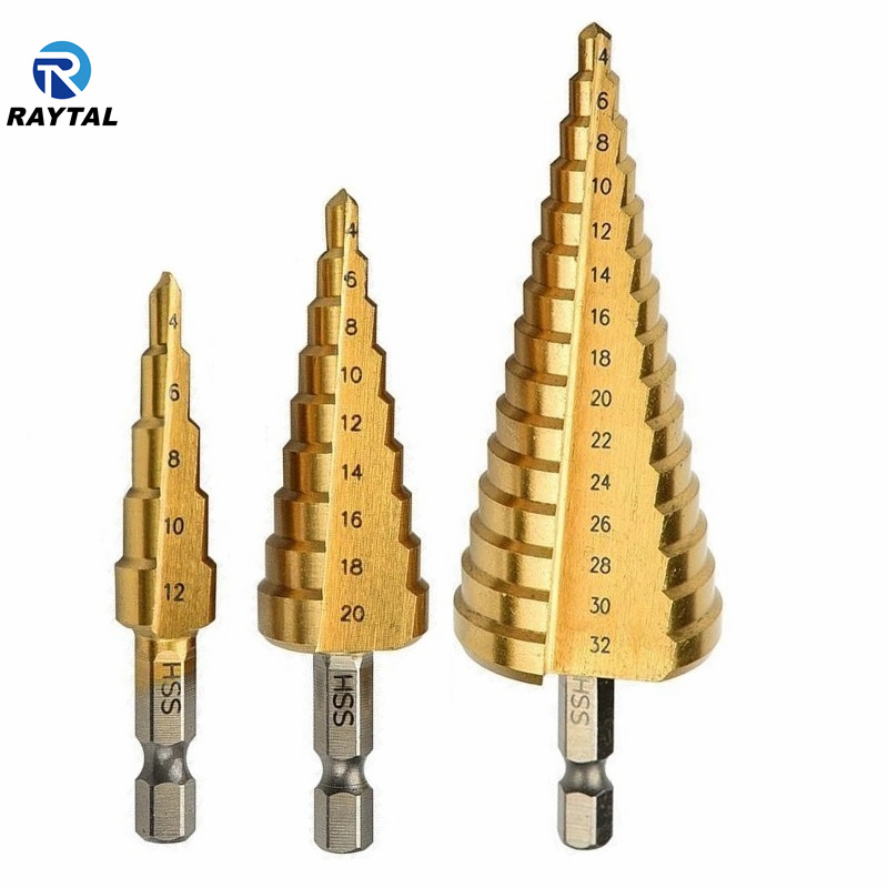 Raytal 3-Piece Titanium Coated High-Speed Steel Step Drill Bits Set, Hex Shank, Straight Flute, Metric Sizes