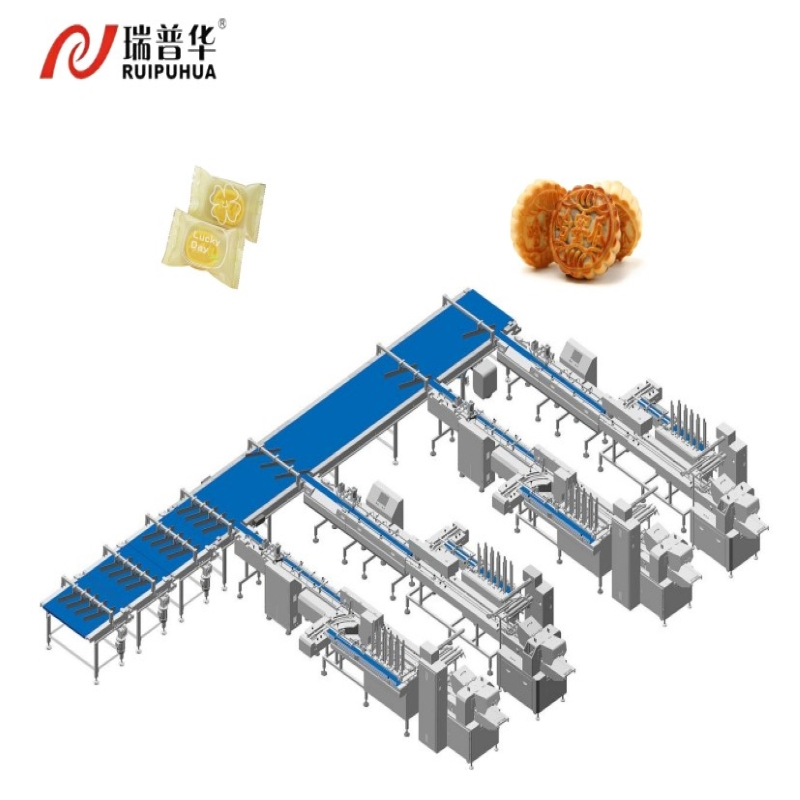 Linea di alimentazione e smistamento automatica ad alta velocità per vassoi di mooncake e biscotti, linea di confezionamento per il riempimento e l'imballaggio in sacchetti di prodotti alimentari