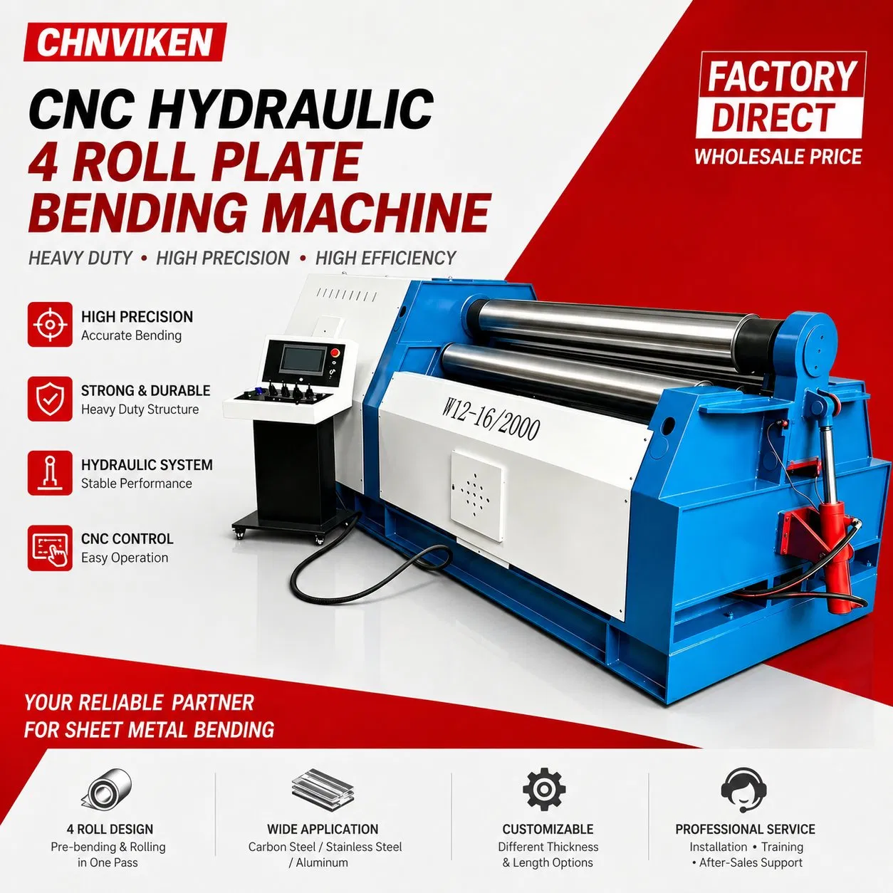 Machine à cintrer les tôles hydraulique CNC à 4 rouleaux pour service intensif, rouleuse automatique stable pour tôle métallique avec longue garantie de service