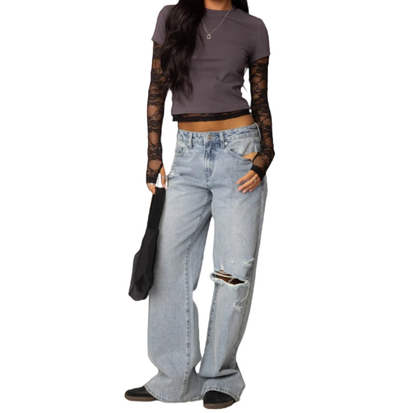 Customized European Style Ladies High-Waisted Frayed Loose-Fitting Wide-Leg Denim Pants