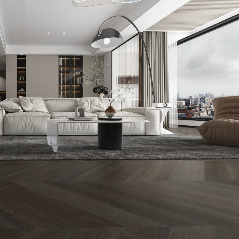 American Walnut Multi Layer Engineered Wood Flooring Brushing UV Coating Finish 15mm Thickness Chevron Contemporary Style
