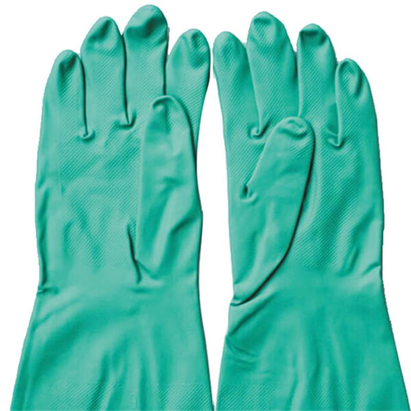 Reusable Green Flocklined Waterproof Acid Solvent Alkali Oil Proof Kitchen Cleaning Household and Industrial Long Nitrile Chemical Resistant Gloves