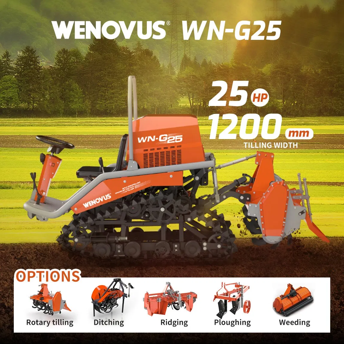 Wenovus Wn-G25 Multi-Functional Agricultural Machinery Diesel Power Farm Tractor 25HP 1247cc New Design Crawler Power Rotary Tiller