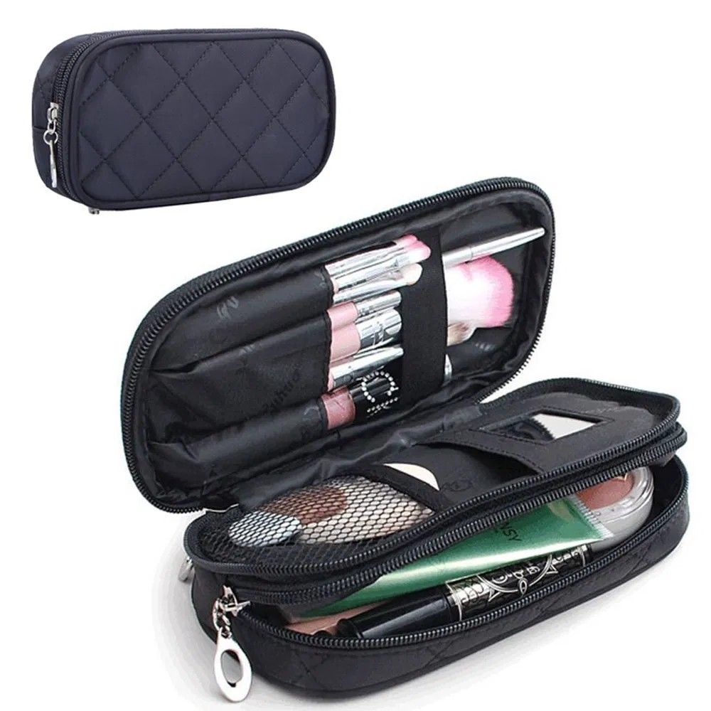 Women Waterproof Quilted Nylon Portable Travel Makeup Brush Cosmetic Organizer Bag