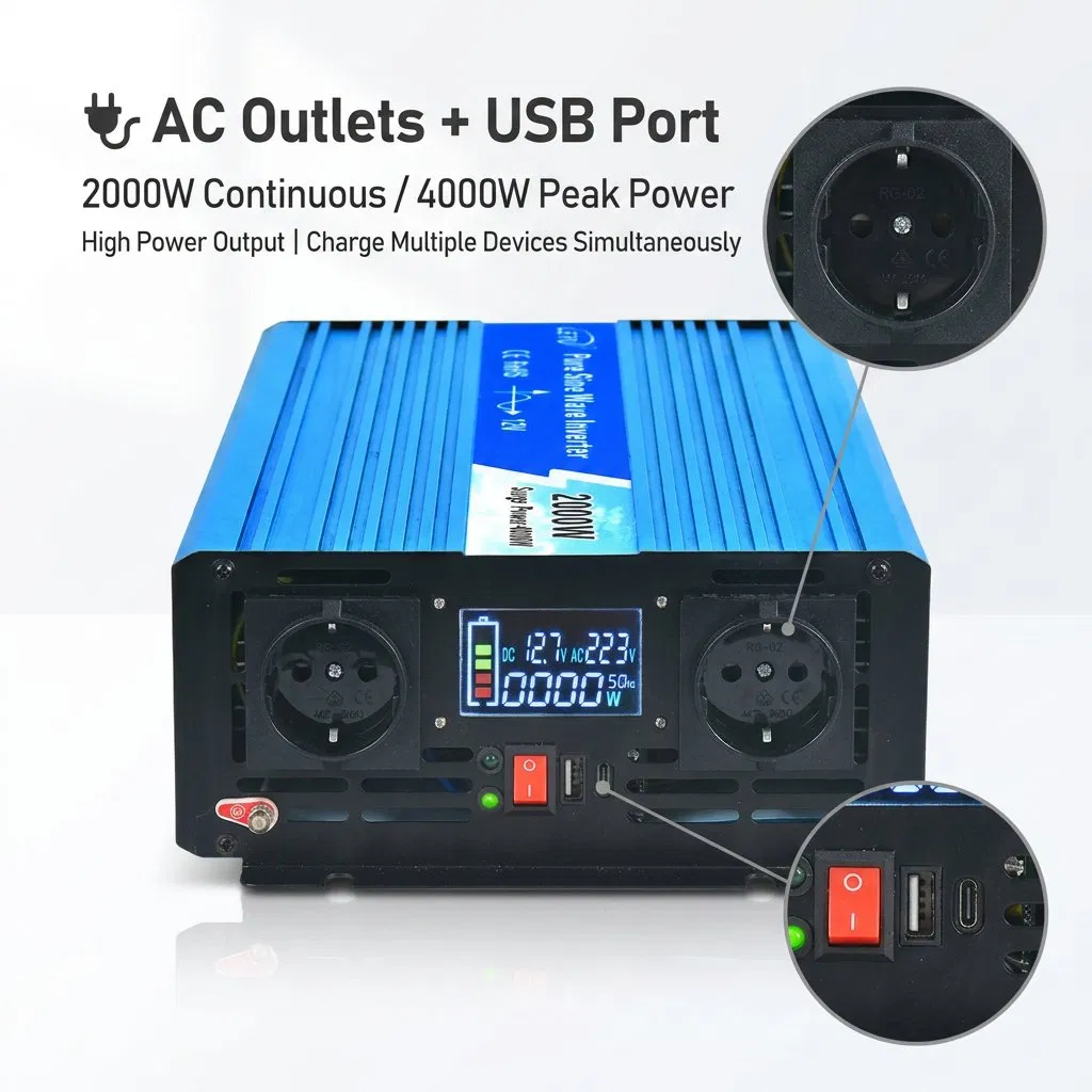 2000W Pure Sine Wave Inverter DC 12V to 220V with LCD Display