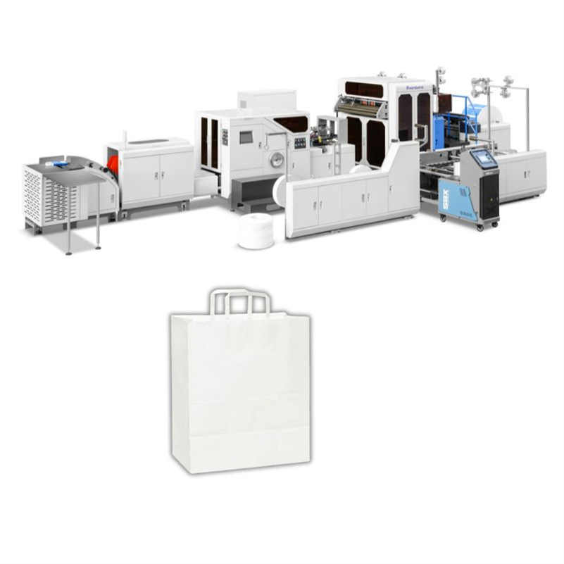 Macchina completamente automatica per sacchetti di carta da acquisto alimentata da bobina con maniglie ritorte e piatte in linea