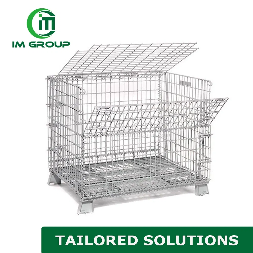 Rigid Collapsible Stacking Steel Metal Storage Wire Mesh Container with Lid