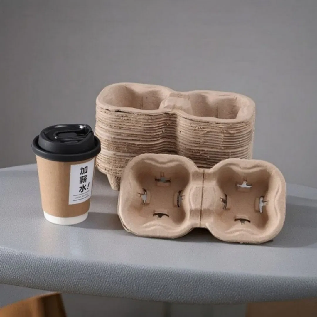 Disposable Biodegradable Single Shape Tray 2-4 Cup Paper Pulp Fiber Carrier Double Wall 8-32 Oz Coffee Drinks Takeaway