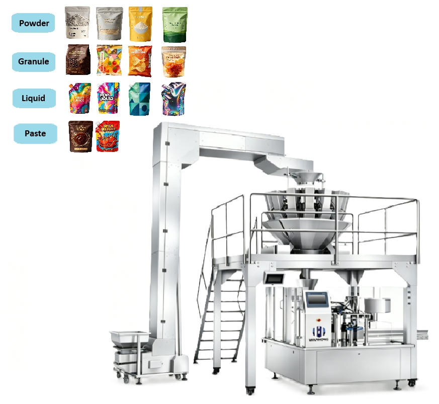 Flowpack Rotary Vertical Pouch Sachet Water Filling Sealing Weighing Pouch Bag Packaging Machine for Water, Detergent Powder, Sugar, Candy, Food Tea Bag