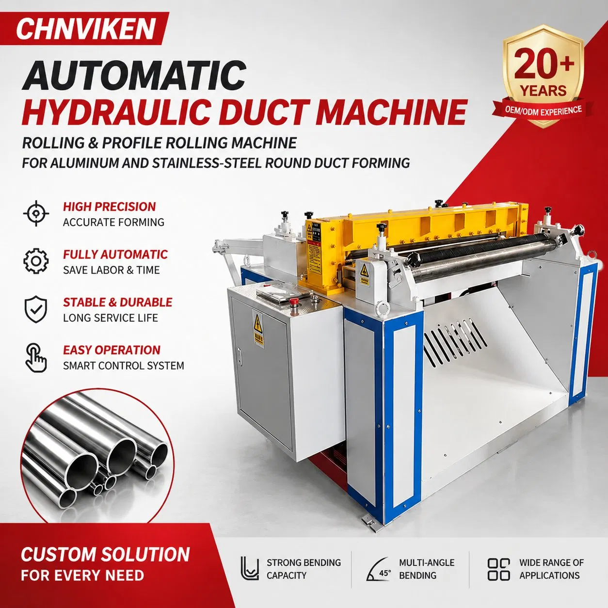 Automatische hydraulische Blechkanalwalze, industrielle Profilwalzmaschine für die Formung von runden Kanälen aus Aluminium und Edelstahl