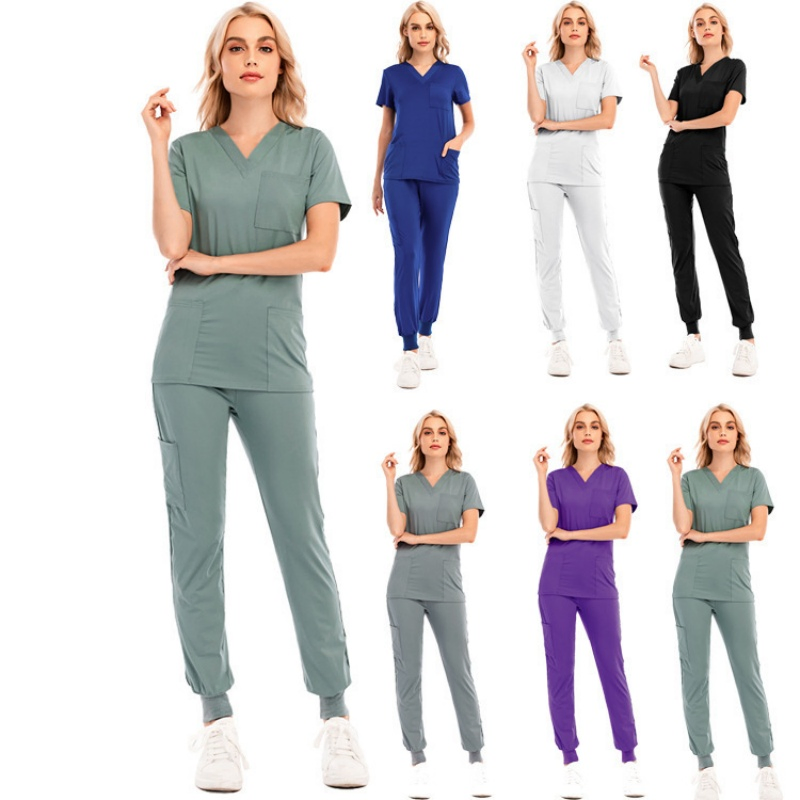 Ladies Medical Scrub Sets Nurse Workwear Hospital Uniforms with 3 Pockets Cotton Polyester Blend Breathable