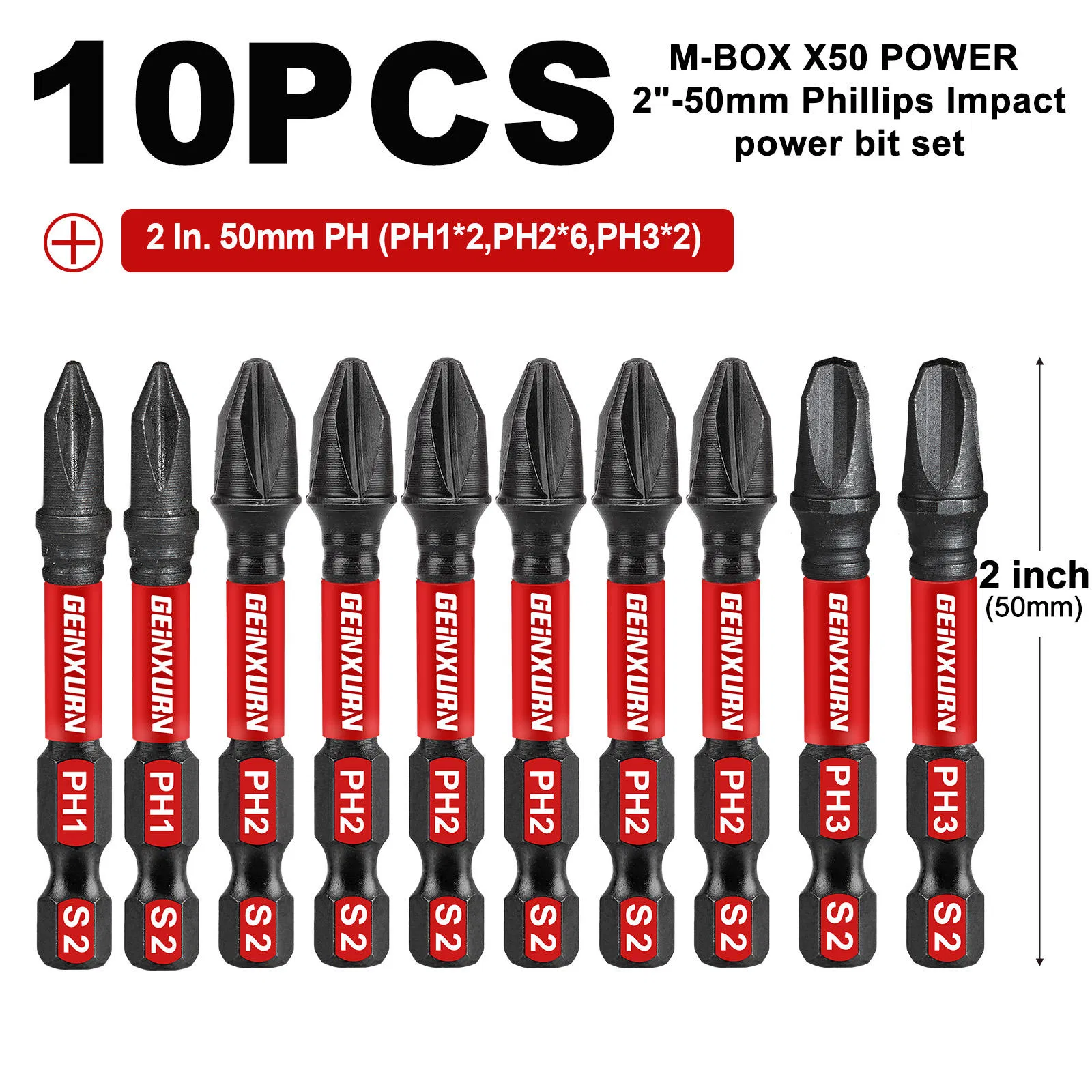 Geinxurn 10PC M-Box X50 Power 2"-50mm Phillips Impact Power Bit Set
